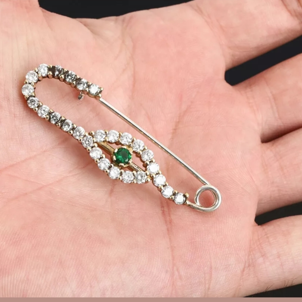 Emerald & Topaz evil eye Sterling & Gold protection pin - Picture 4 of 4